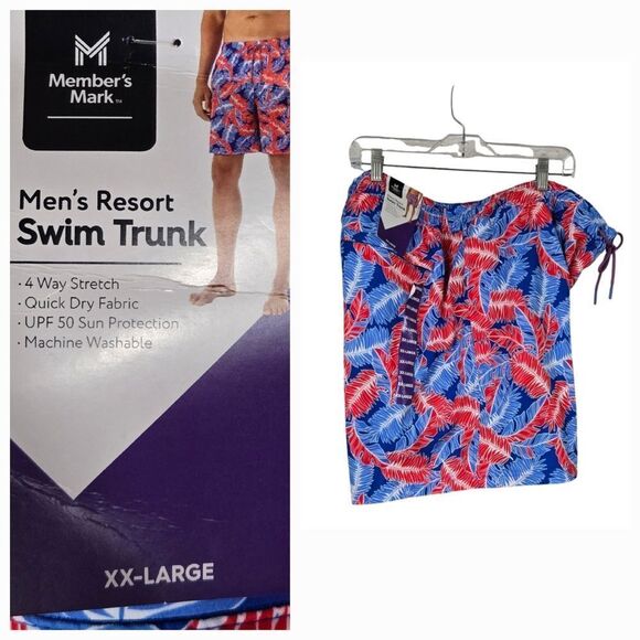 NWT Men's XXL Resort Swim Trunks Red Blue Palm Print Lined Water Shorts Beach - Picture 1 of 15